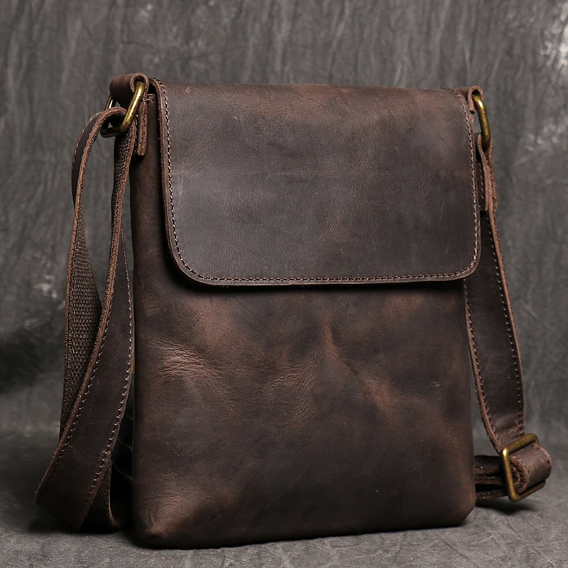 Vintage Genuine Leather Dark Crossbody Bag Phone Bag Fashion Sling Bag MEN'S Cowhide Shoulder Bag 7.9-inch iPad Bag - Image 2