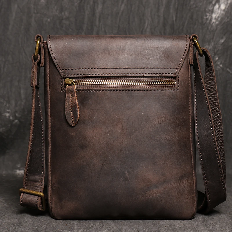 Vintage Genuine Leather Dark Crossbody Bag Phone Bag Fashion Sling Bag MEN'S Cowhide Shoulder Bag 7.9-inch iPad Bag - Image 3
