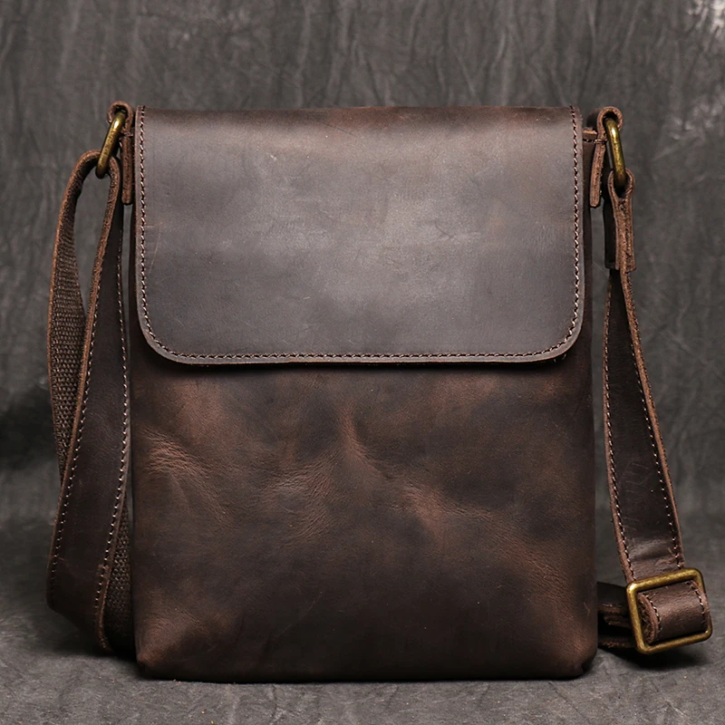Vintage Genuine Leather Dark Crossbody Bag Phone Bag Fashion Sling Bag MEN’S Cowhide Shoulder Bag 7.9-inch iPad Bag
